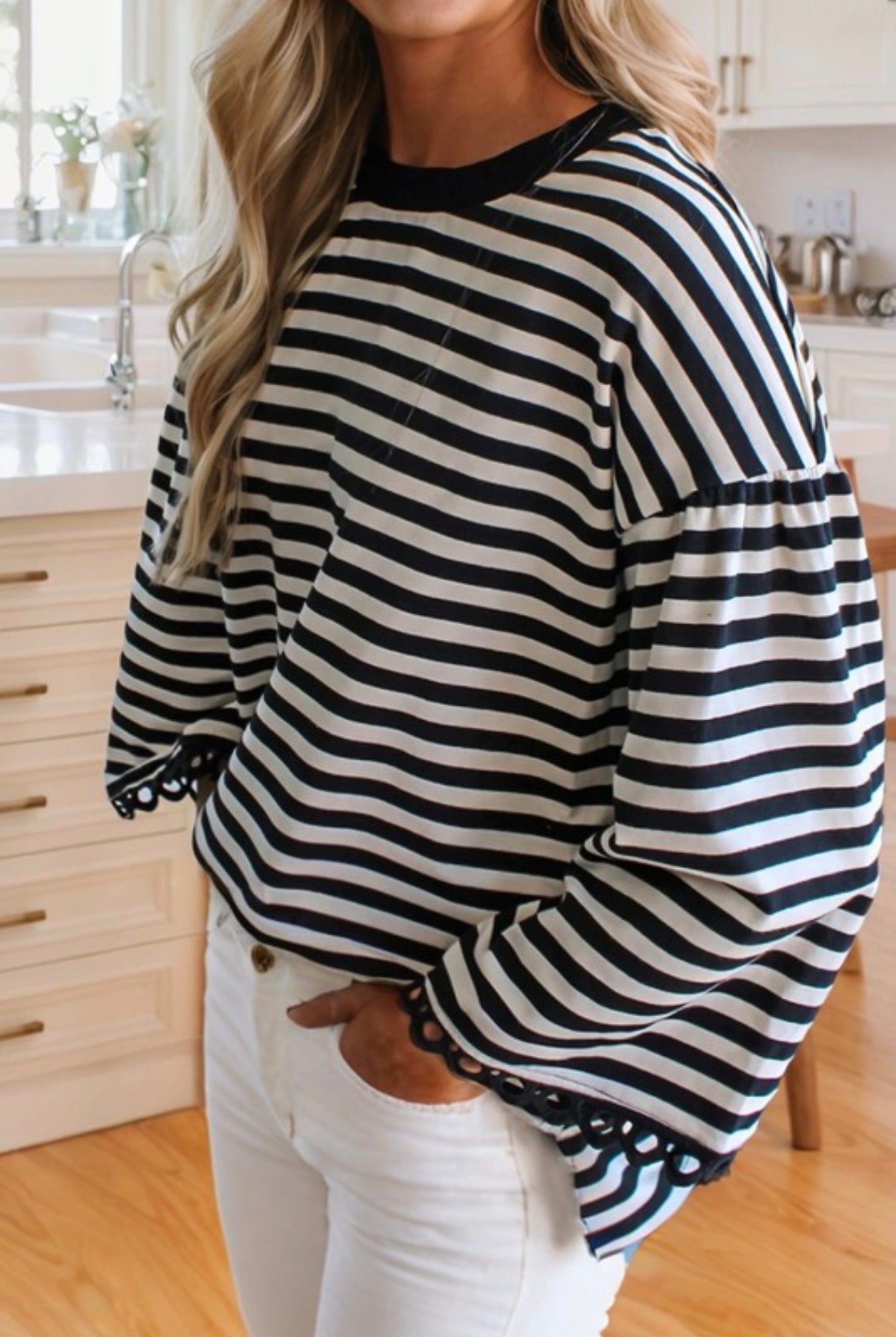 Black and White Striped Puff Sleeve Top